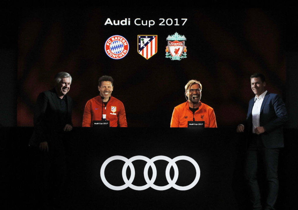 Hologram press conference at Audi Cup 2017 with Carlo Ancelotti (FC Bayern Munich), Diego Simeone (Atlètico de Madrid), Jürgen Klopp (Liverpool FC), Thomas Glas (AUDI AG)